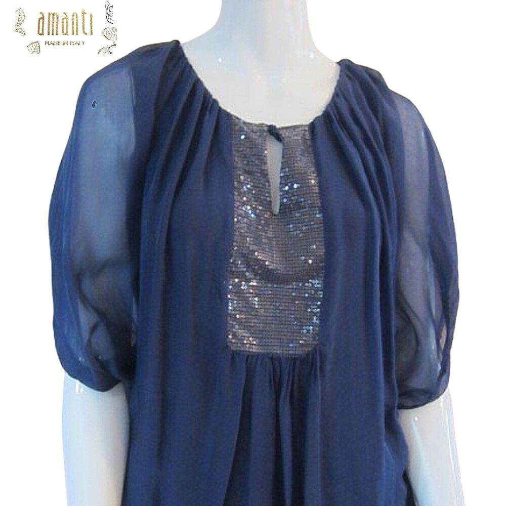 Amanti Italy NWT 100% Silk Sequin Dolman-Sleeve Navy Blouse S – Elegant Evening - Picture 2 of 12